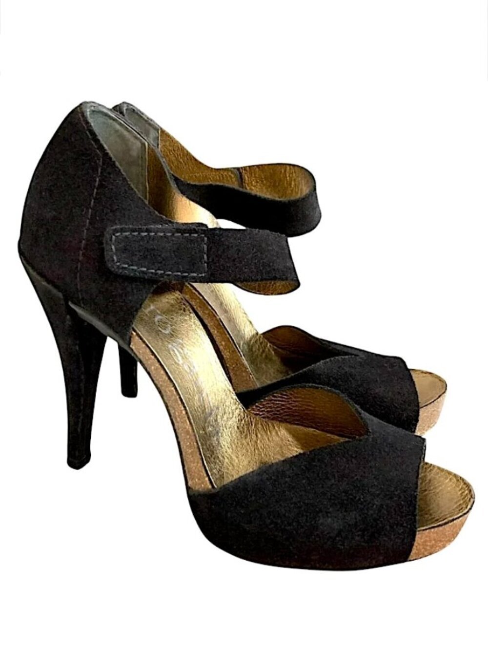 PEDRO GARCIA Suede Open Toe Platform Pumps Black Mary Jane Ankle Strap